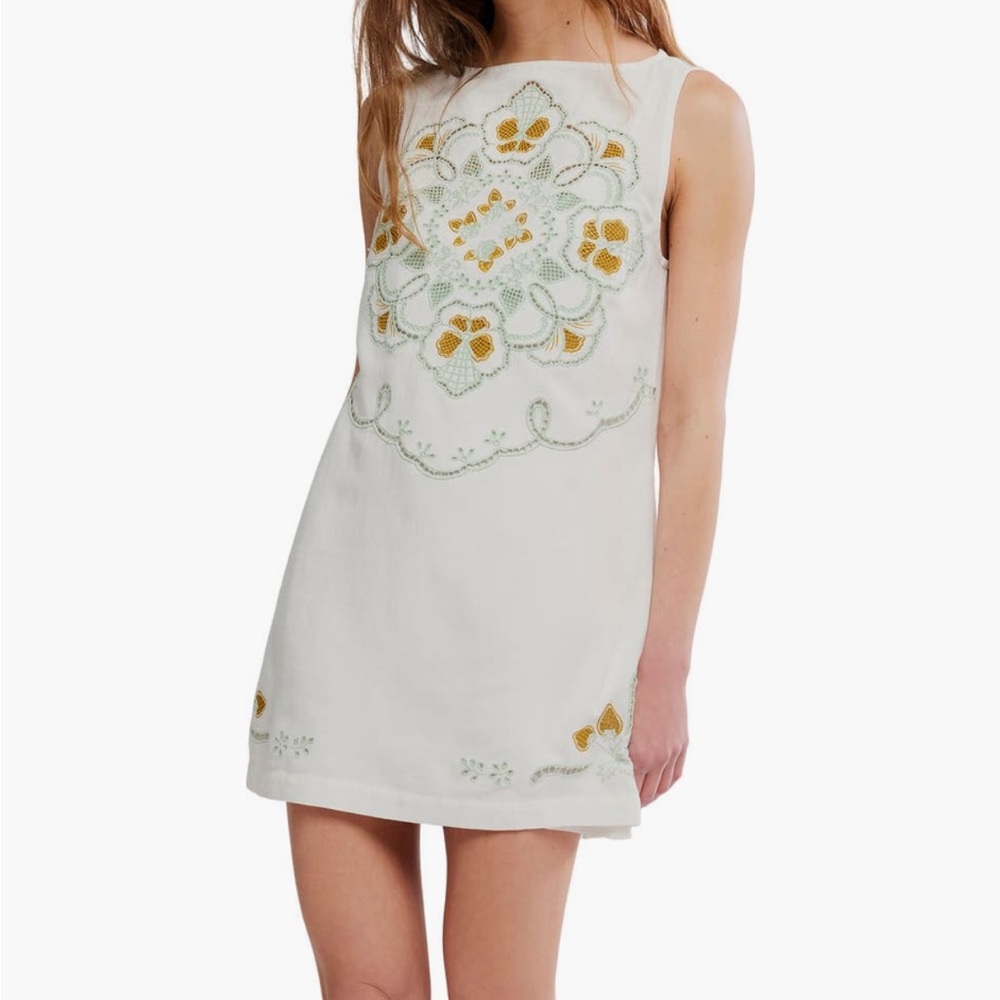 Free People Cream Mini Dress with Green and Gold Embroidery